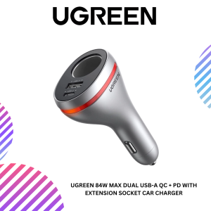 UGREEN 84W MAX DUAL USB-A QC + PD WITH EXTENSION SOCKET CAR CHARGER