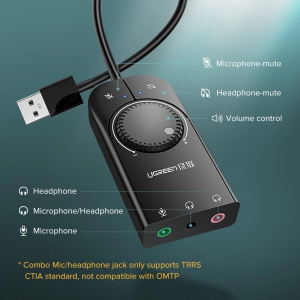 UGREEN USB-A TO 3.5MM EAR&MIC VOLUME CONTROL ADAPTER 15CM (BLACK)