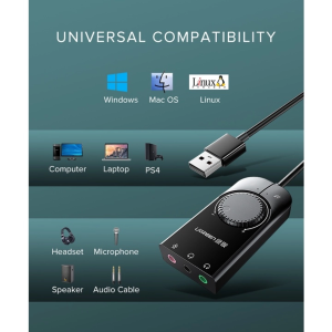 UGREEN USB-A TO 3.5MM EAR&MIC VOLUME CONTROL ADAPTER 15CM (BLACK)