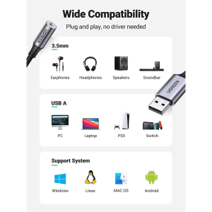 UGREEN USB-A 2.0 TO 3.5MM EXTERNAL STEREO SOUND ADAPTER 22CM CABLE