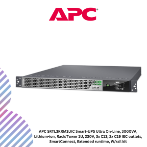 APC SRTL3KRM1UIC Smart-UPS Ultra On-Line, 3000VA, Lithium-ion, Rack/Tower 1U, 230V, 3x C13, 2x C19 IEC outlets, SmartConnect, Extended runtime, W/rail kit