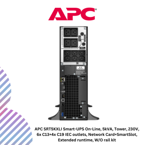 APC SRT5KXLI Smart-UPS On-Line, 5kVA, Tower, 230V, 6x C13+4x C19 IEC outlets, Network Card+SmartSlot, Extended runtime, W/O rail kit