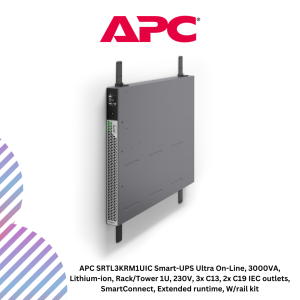 APC SRTL3KRM1UIC Smart-UPS Ultra On-Line, 3000VA, Lithium-ion, Rack/Tower 1U, 230V, 3x C13, 2x C19 IEC outlets, SmartConnect, Extended runtime, W/rail kit