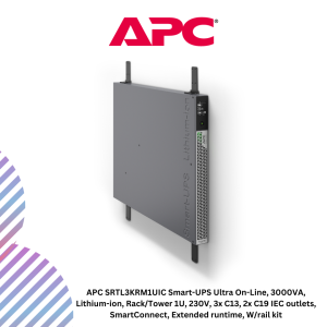 APC SRTL3KRM1UIC Smart-UPS Ultra On-Line, 3000VA, Lithium-ion, Rack/Tower 1U, 230V, 3x C13, 2x C19 IEC outlets, SmartConnect, Extended runtime, W/rail kit