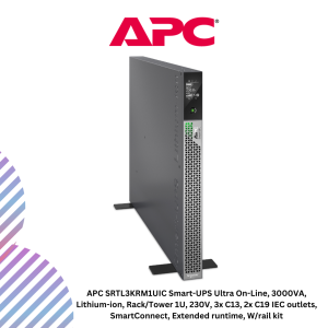 APC SRTL3KRM1UIC Smart-UPS Ultra On-Line, 3000VA, Lithium-ion, Rack/Tower 1U, 230V, 3x C13, 2x C19 IEC outlets, SmartConnect, Extended runtime, W/rail kit