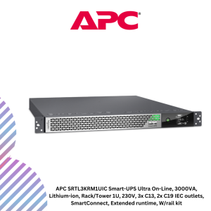APC SRTL3KRM1UIC Smart-UPS Ultra On-Line, 3000VA, Lithium-ion, Rack/Tower 1U, 230V, 3x C13, 2x C19 IEC outlets, SmartConnect, Extended runtime, W/rail kit