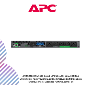 APC SRTL3KRM1UIC Smart-UPS Ultra On-Line, 3000VA, Lithium-ion, Rack/Tower 1U, 230V, 3x C13, 2x C19 IEC outlets, SmartConnect, Extended runtime, W/rail kit
